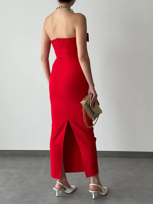 ساتين فيونك Detaylı Midi Boy Elbise