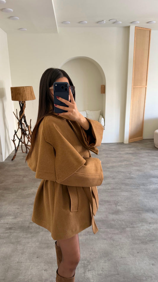 BELTED CACHET COAT WITH CAPE DETAIL JACKET