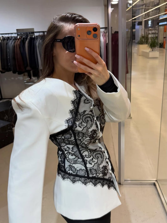 Lace Detail and V-Neck Design Blazer