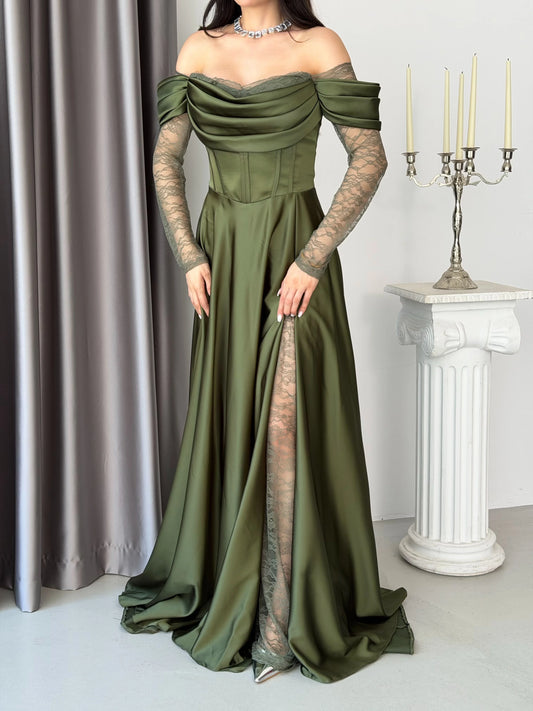 Royal Khaki Green Evening with Lace Details Dress