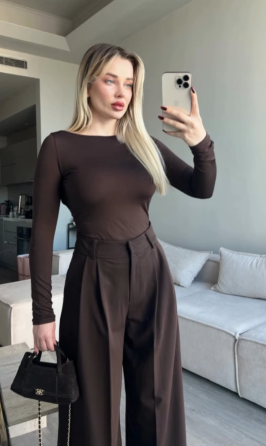 Brown Pleated Front Stripe Detailed Trousers