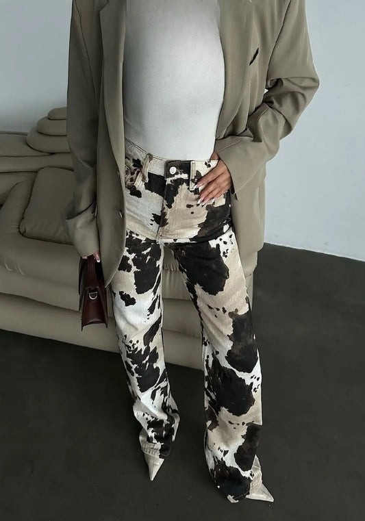 Vintage Cow Pattern Straight Jeans