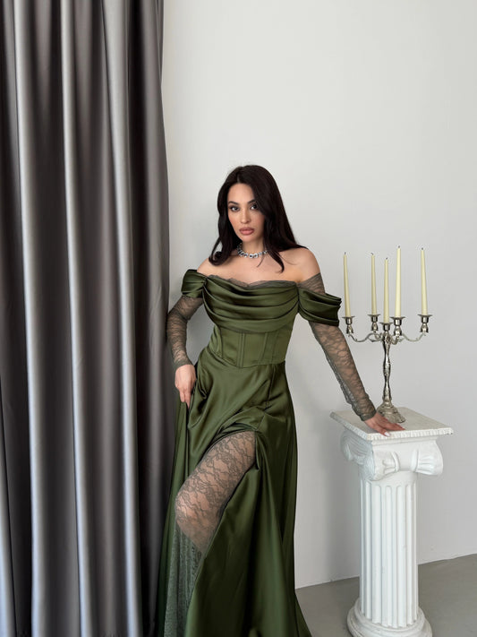 Royal Khaki Green Evening with Lace Details Dress