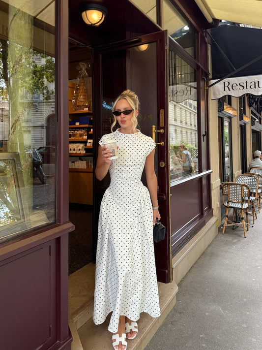 Patter White Polka Dot Midi Length Elegant Dress