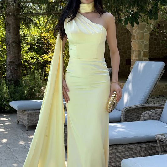 Yellow One-Shoulder Shawl Detailed Asymmetrical Satin Evening Dress