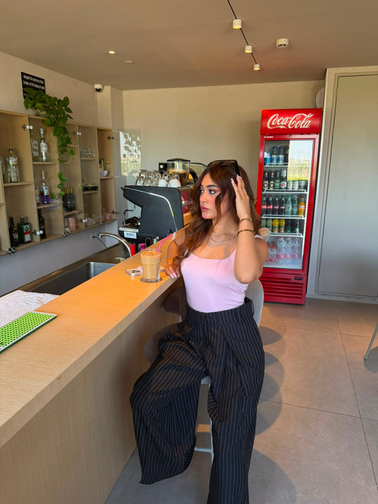 BLACK STRIPED FOLDED TAILORED TROUSERS