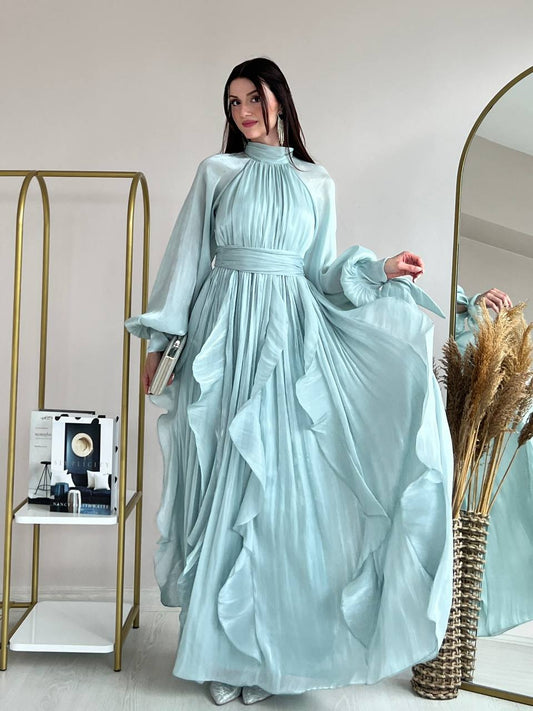 High Neck Ruffle Satin Chiffon Maxi Length Mint Dress