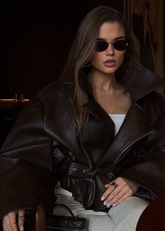 Arverna High-Neck Oversized Leather Jacket