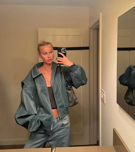 جاكيت أرفيرنا كبير الحجم بلون أخضر داكن متباين