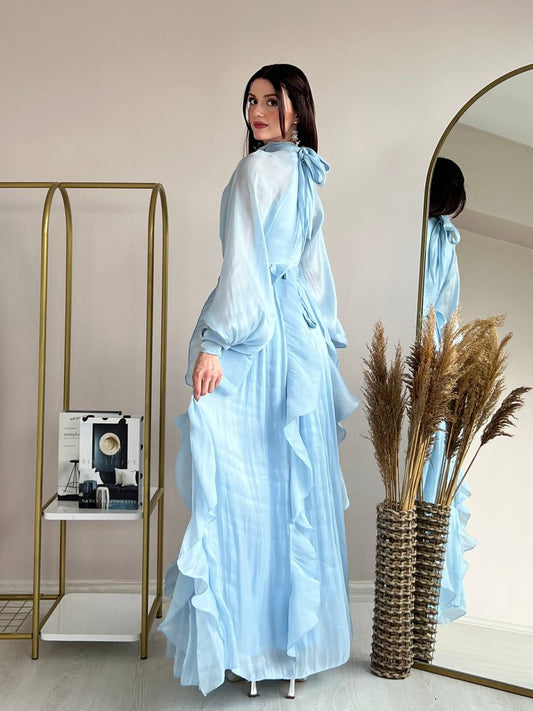 High Neck Ruffle Satin Chiffon Maxi Length Baby blue Dress
