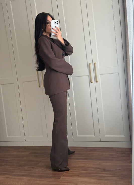 Brown Mandarin Collar Two-Piece Set