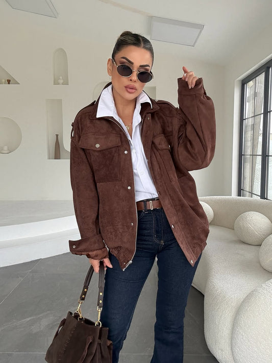 جاكيت بومبر من جلد الغزال البني