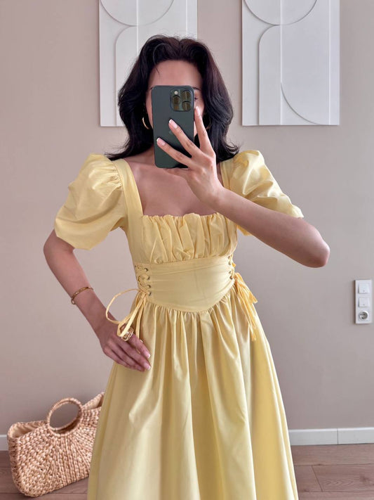 Waist Bird Eye Detail U Neck Corset Midi Dress