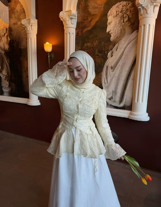 Gathered Embroidered Cream Shirt