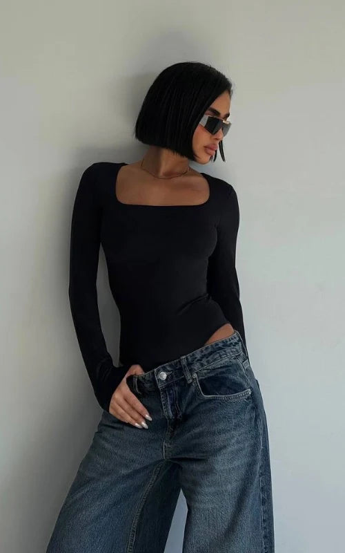 Livia Black Sculpted Square Neck Bodysuit