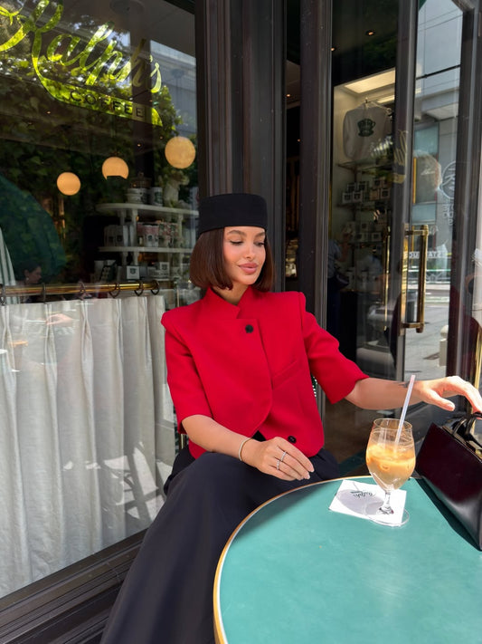 Red Short-Sleeved Crop Blazer Jacket
