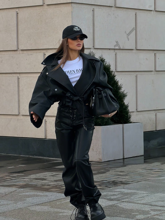 Arverna High-Neck Oversized Leather Jacket