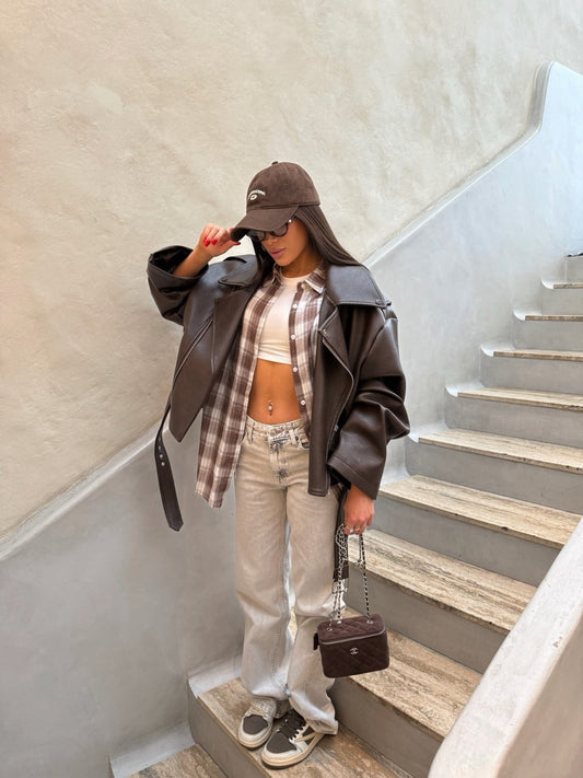 Arverna High-Neck Oversized Leather Jacket