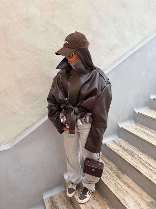 Arverna High-Neck Oversized Leather Jacket
