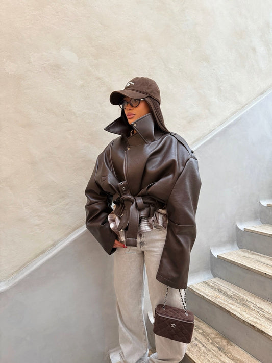 Arverna High-Neck Oversized Leather Jacket