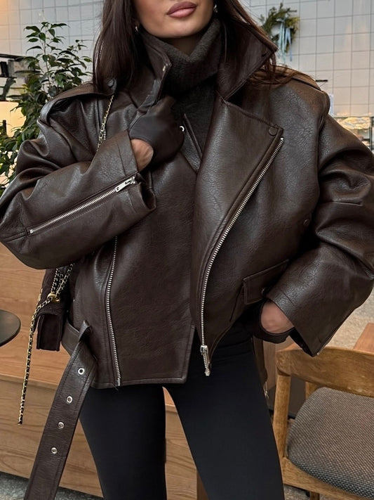 Arverna High-Neck Oversized Leather Jacket