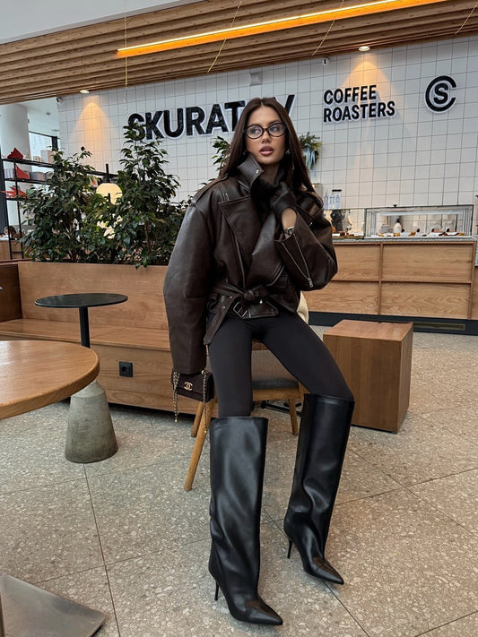 Arverna High-Neck Oversized Leather Jacket