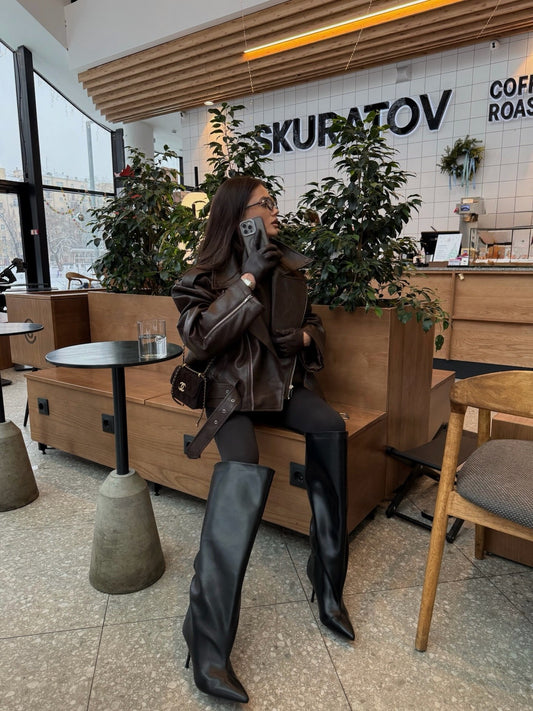 Arverna High-Neck Oversized Leather Jacket