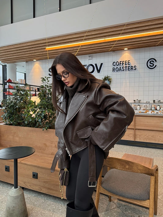 Arverna High-Neck Oversized Leather Jacket