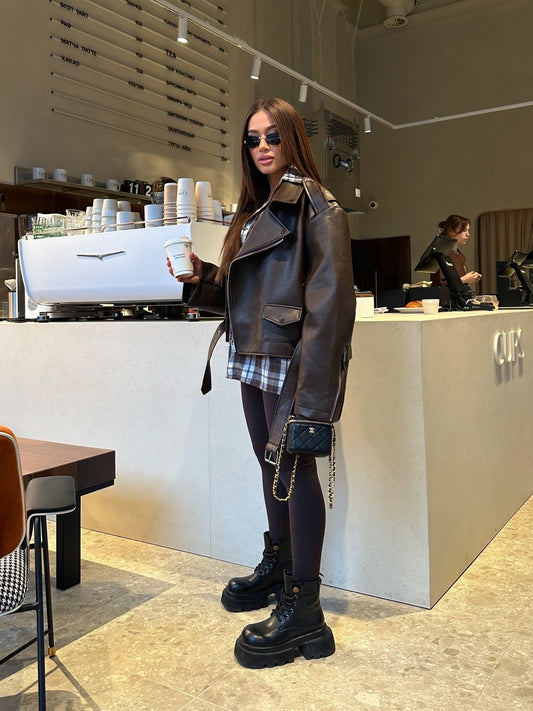 Arverna High-Neck Oversized Leather Jacket
