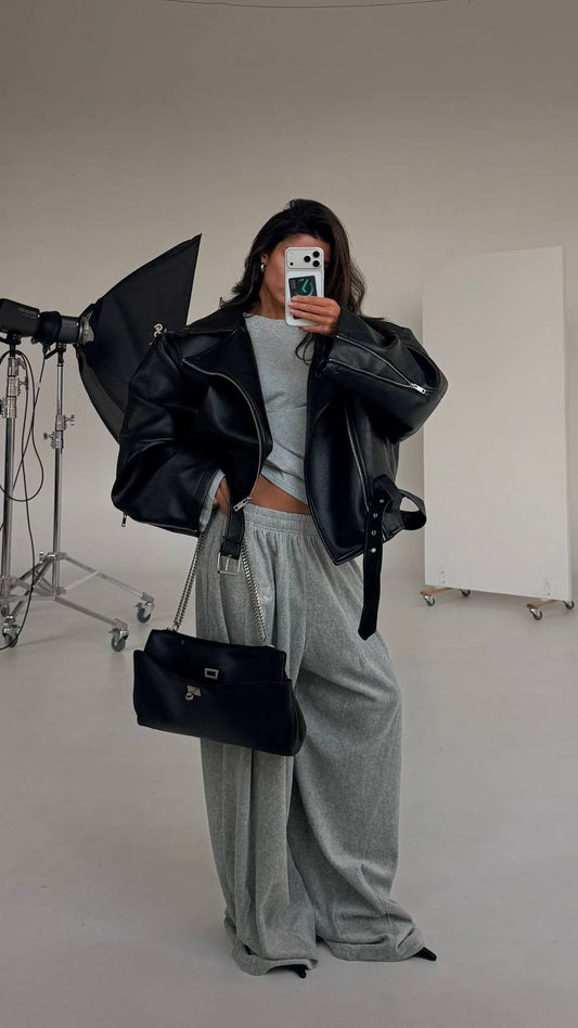Arverna High-Neck Oversized Leather Jacket