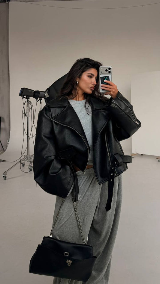 Arverna High-Neck Oversized Leather Jacket