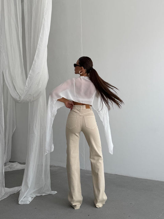Beige Asymmetric Wide Leg Jean