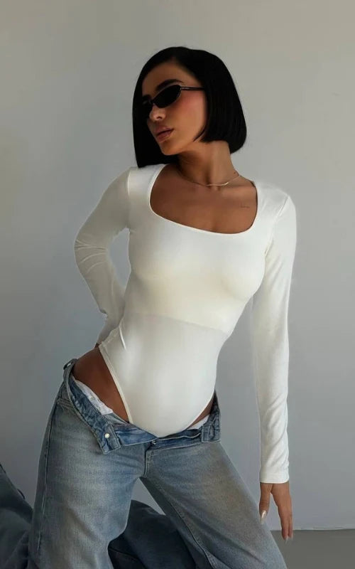 Livia White Sculpted Square Neck Bodysuit