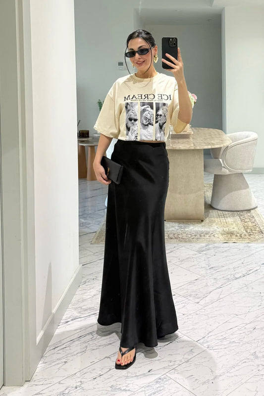 Elegant Satin Bias Black Skirt