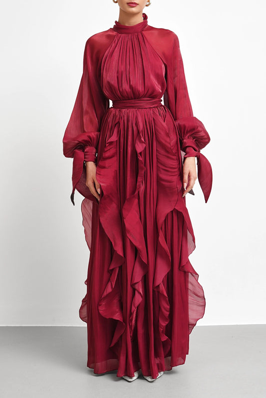 High Neck Ruffle Satin Chiffon Maxi Length Bordo Dress