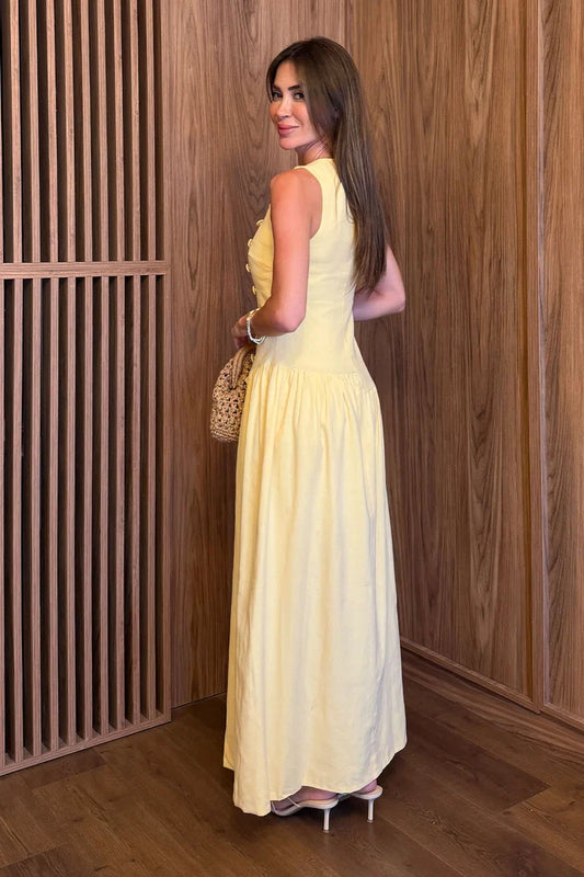 Sleeveless Yellow with Button Detail Dress