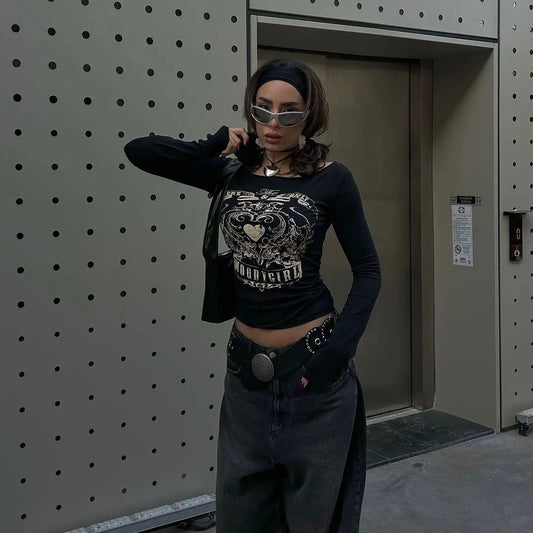 Black Vintage MoodyGirl Off Shoulder Long Sleeve Crop