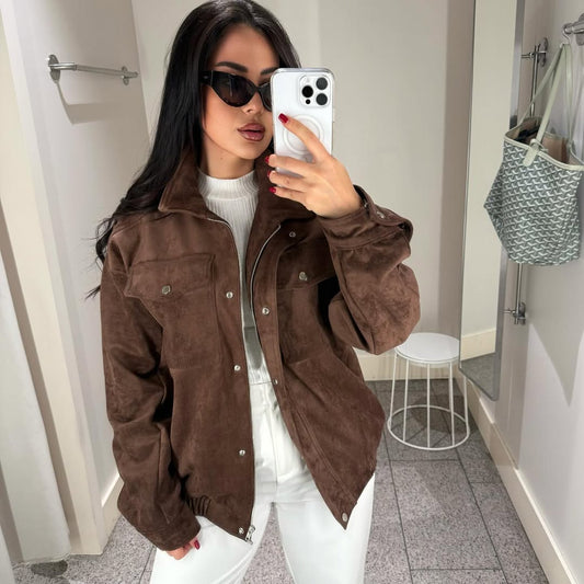 جاكيت بومبر من جلد الغزال البني