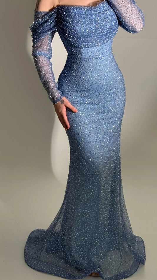 Ellinor Boat Neck Stone Evening Dress