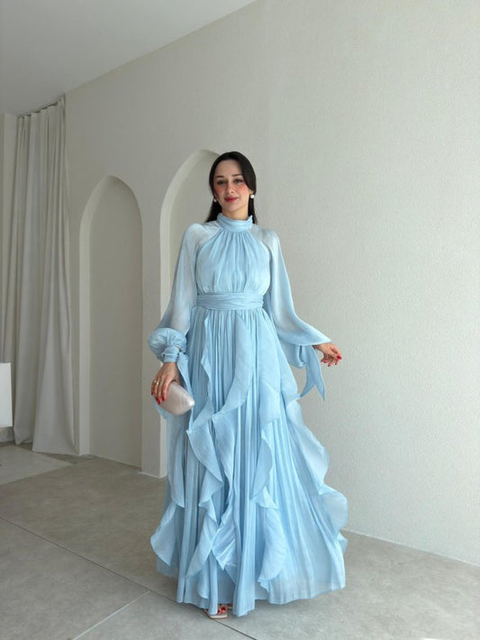 High Neck Ruffle Satin Chiffon Maxi Length Baby blue Dress
