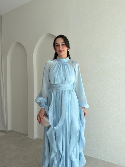High Neck Ruffle Satin Chiffon Maxi Length Baby blue Dress