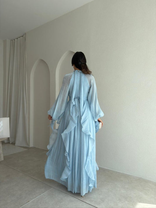 High Neck Ruffle Satin Chiffon Maxi Length Baby blue Dress