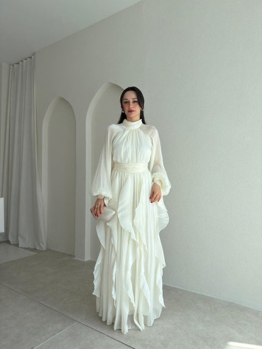 High Neck Ruffle Satin Chiffon Maxi Length White Dress