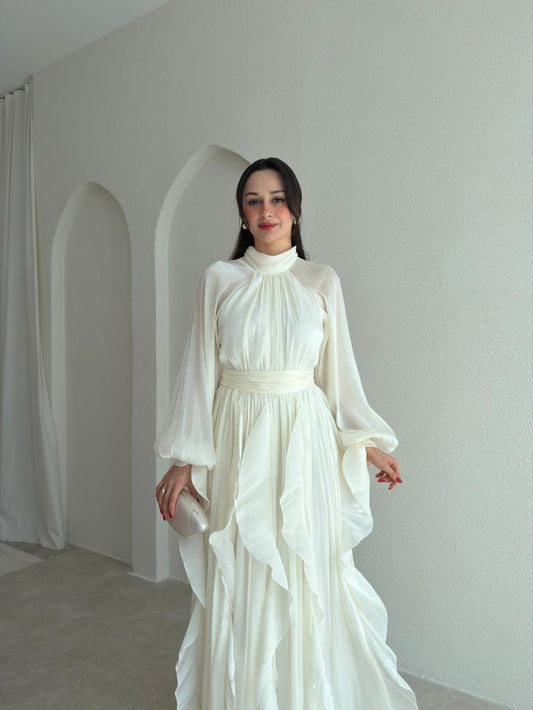 High Neck Ruffle Satin Chiffon Maxi Length White Dress