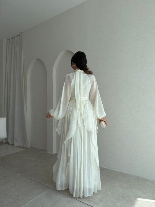 High Neck Ruffle Satin Chiffon Maxi Length White Dress