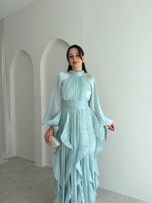 High Neck Ruffle Satin Chiffon Maxi Length Mint Dress
