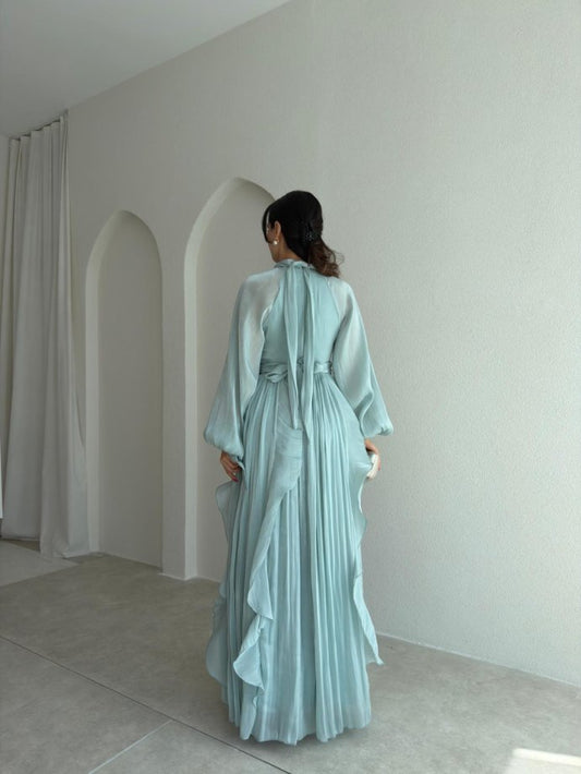 High Neck Ruffle Satin Chiffon Maxi Length Mint Dress