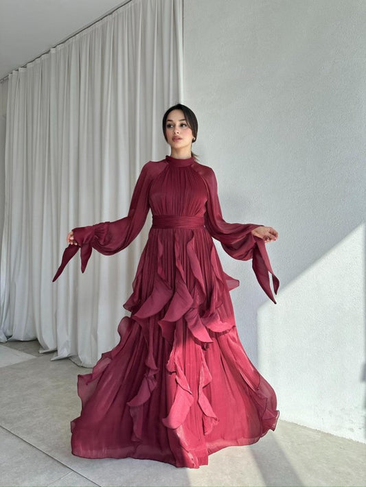 High Neck Ruffle Satin Chiffon Maxi Length Bordo Dress