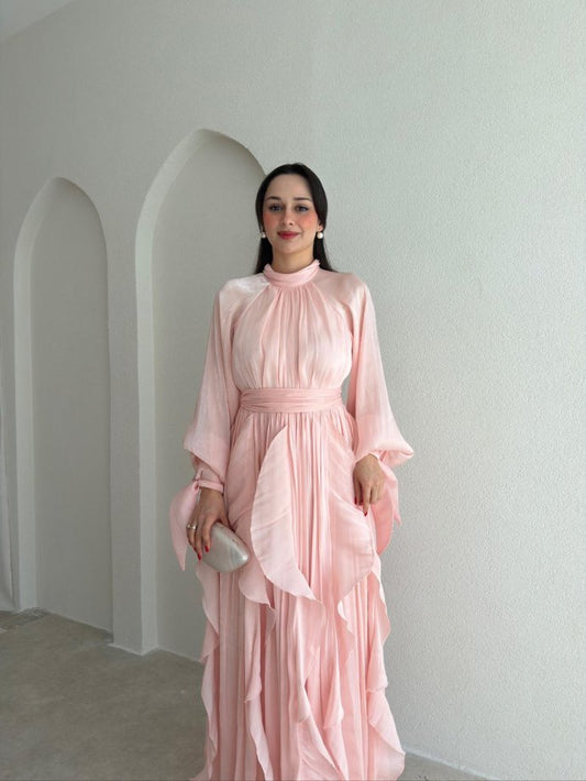 High Neck Ruffle Satin Chiffon Maxi Length Pink Dress
