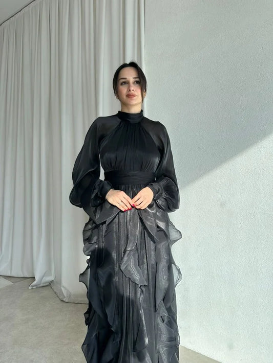 High Neck Ruffle Satin Chiffon Maxi Length Black Dress
